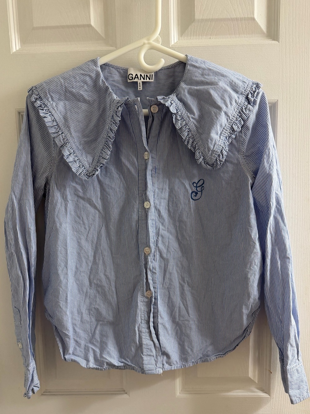 GANNI Blue White Striped Ruffle Collar Button-Up Shirt XS EU